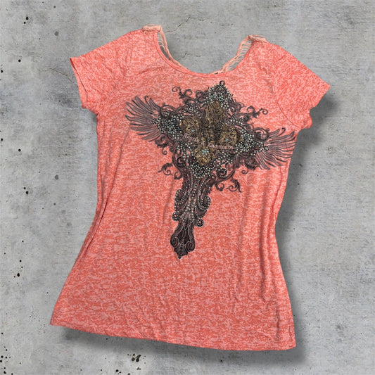 (M) 2000s embellished angels & diamonds detailed top