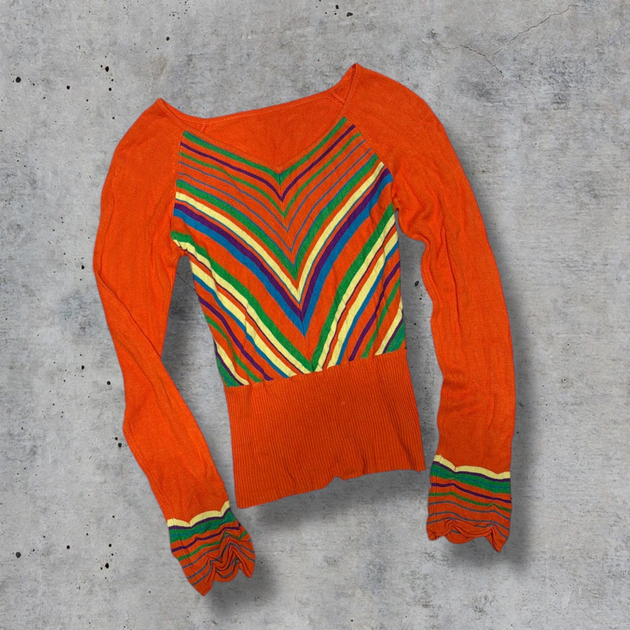 (S) 2000s knit orange striped long sleeve top