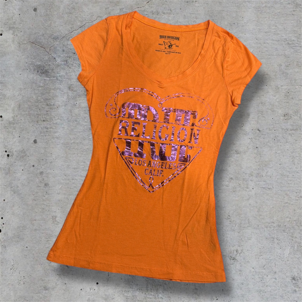 (XS) true religion orange & purple baby tee
