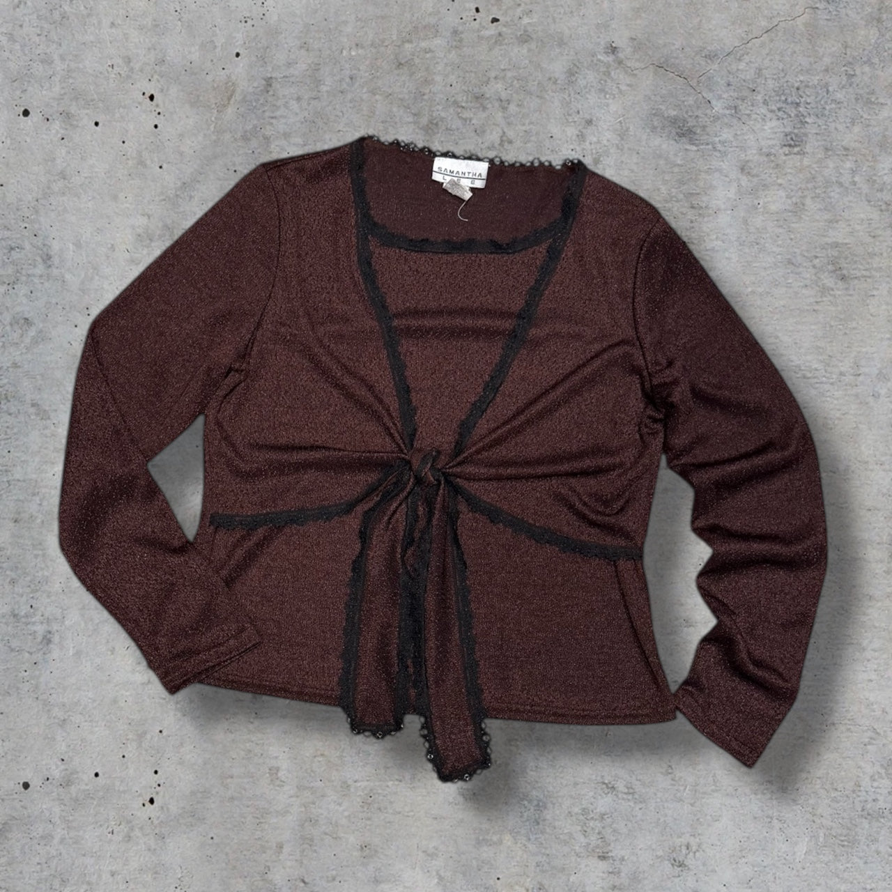 (L) 2000s brown lace trim long sleeve top
