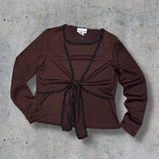 (L) 2000s brown lace trim long sleeve top