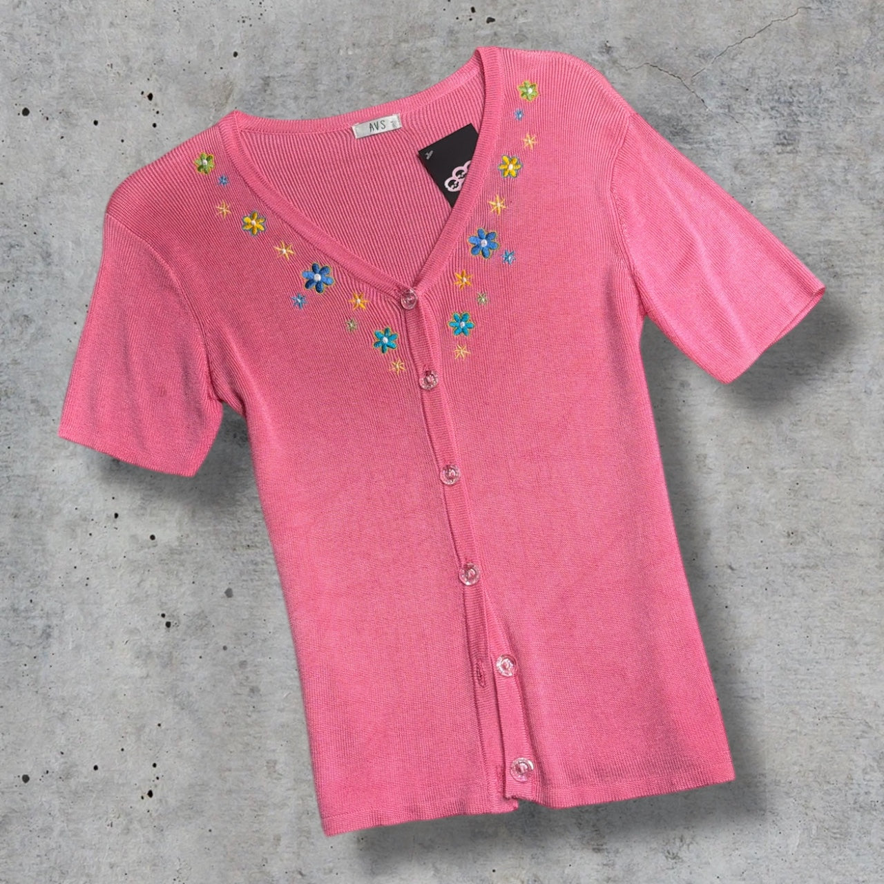(M) pink vintage embroidered floral button cardigan