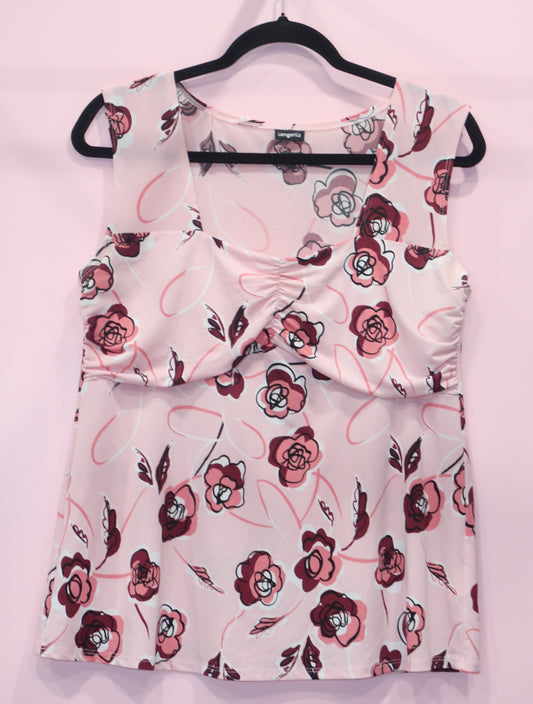 (L/XL) vintage pink floral print top with ruched detail