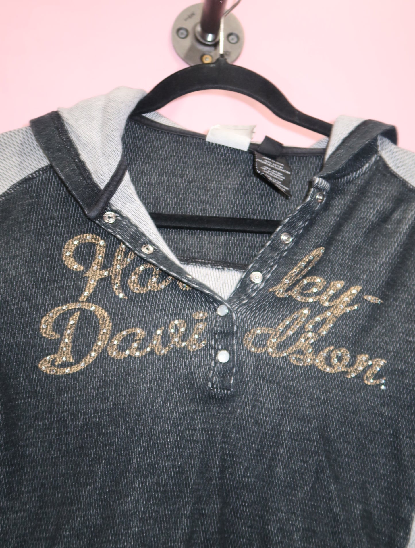 (M) Harley Davidson embellished grey hooded thermal top