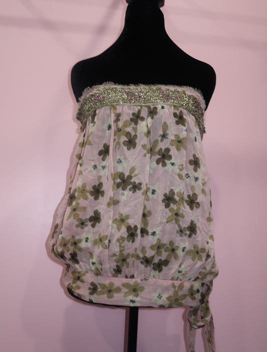 (S/M) vintage beaded  floral strapless top
