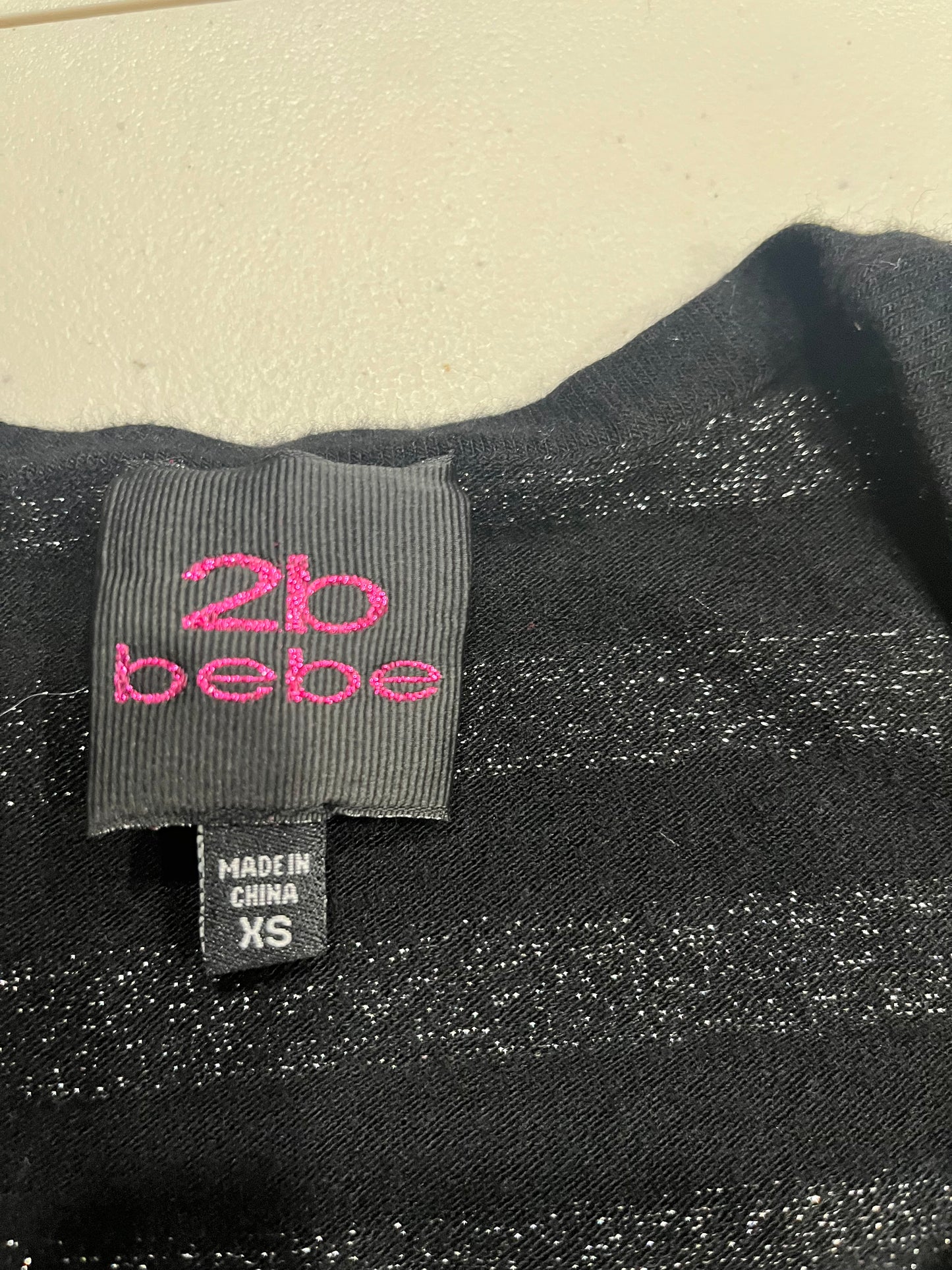 (XS/S) Y2K Bebe Rhinestoned Glittery Striped Cold Shoulder Top