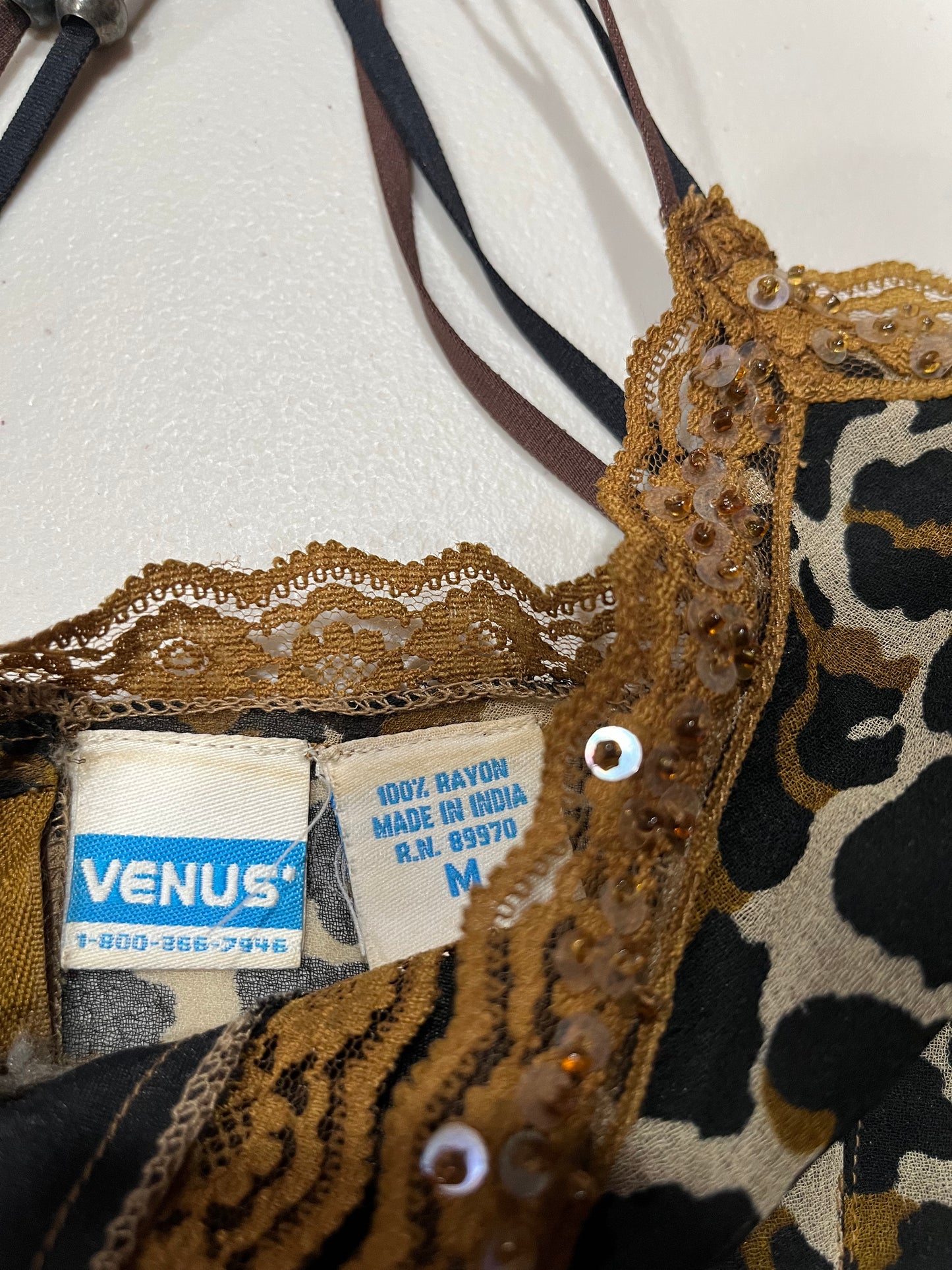 (M) Y2K Leopard Print Sequin Lace Trim Cami Tank