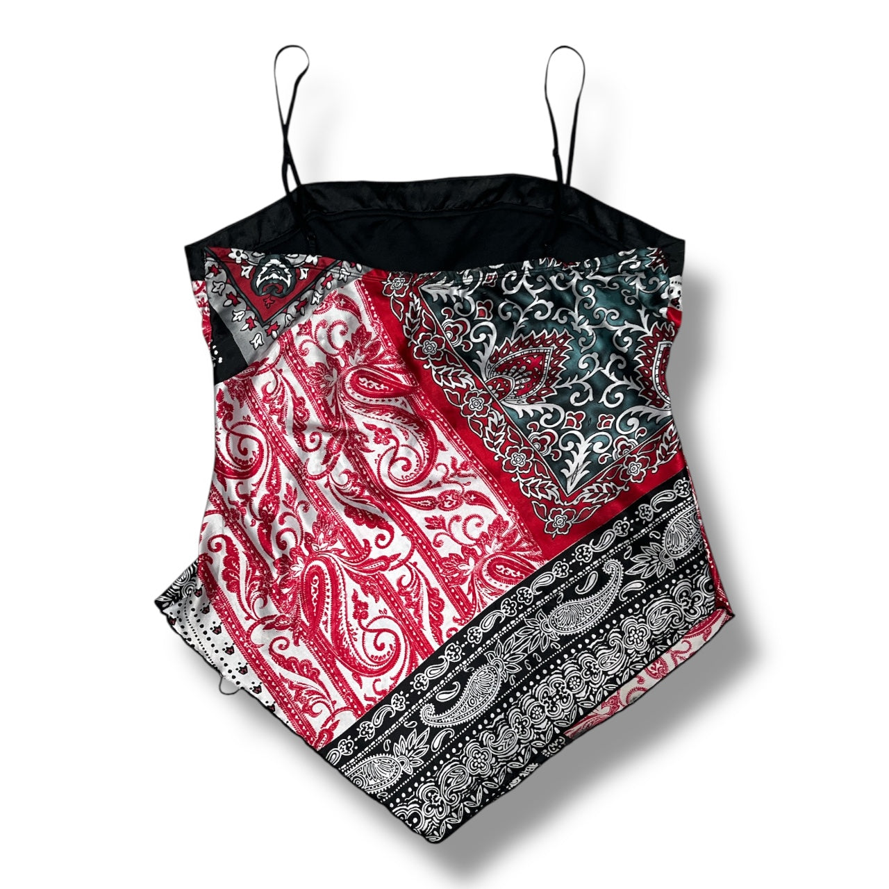 (XL) Vintage red & black asymmetrical paisley print top with silk black bow