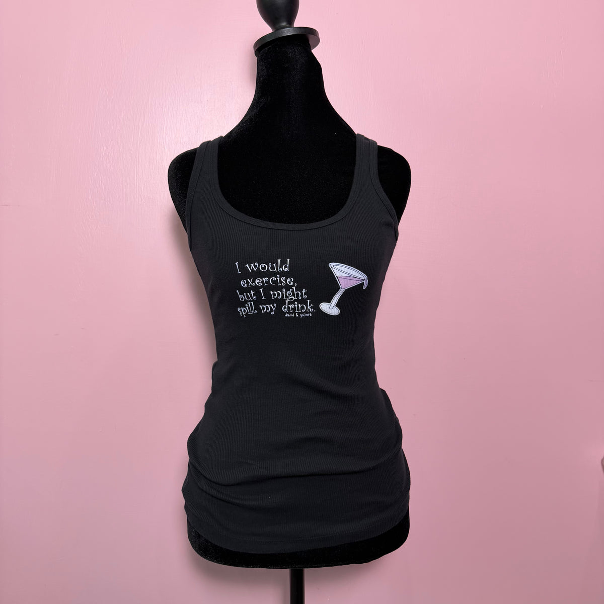 (S) 2000s “i would exercise but i might spill my drink” wine graphic tank top