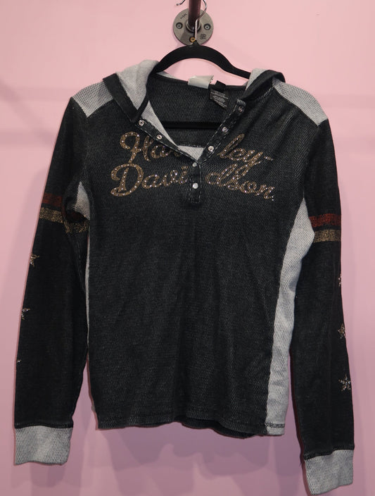 (M) Harley Davidson embellished grey hooded thermal top