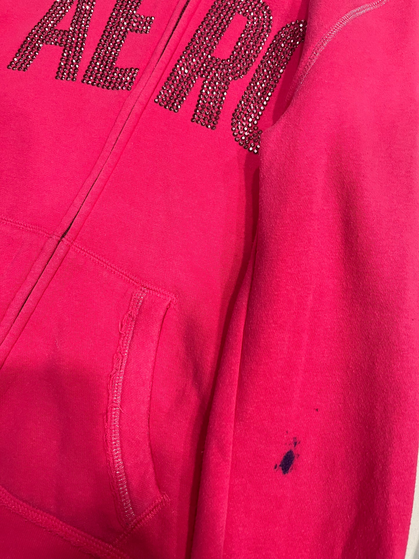 (S) 2000s Pink Bedazzled Mcbling Aeropostale Fur Hood Jacket