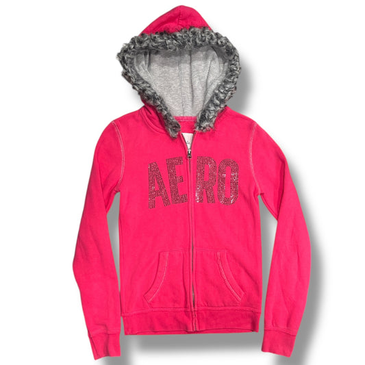 (S) 2000s Pink Bedazzled Mcbling Aeropostale Fur Hood Jacket