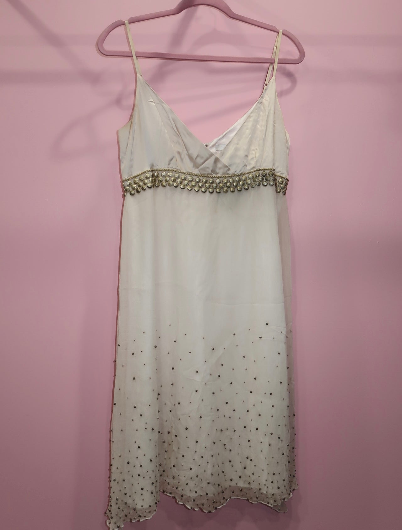 (M) vintage gold & white beaded 100% silk midi dress