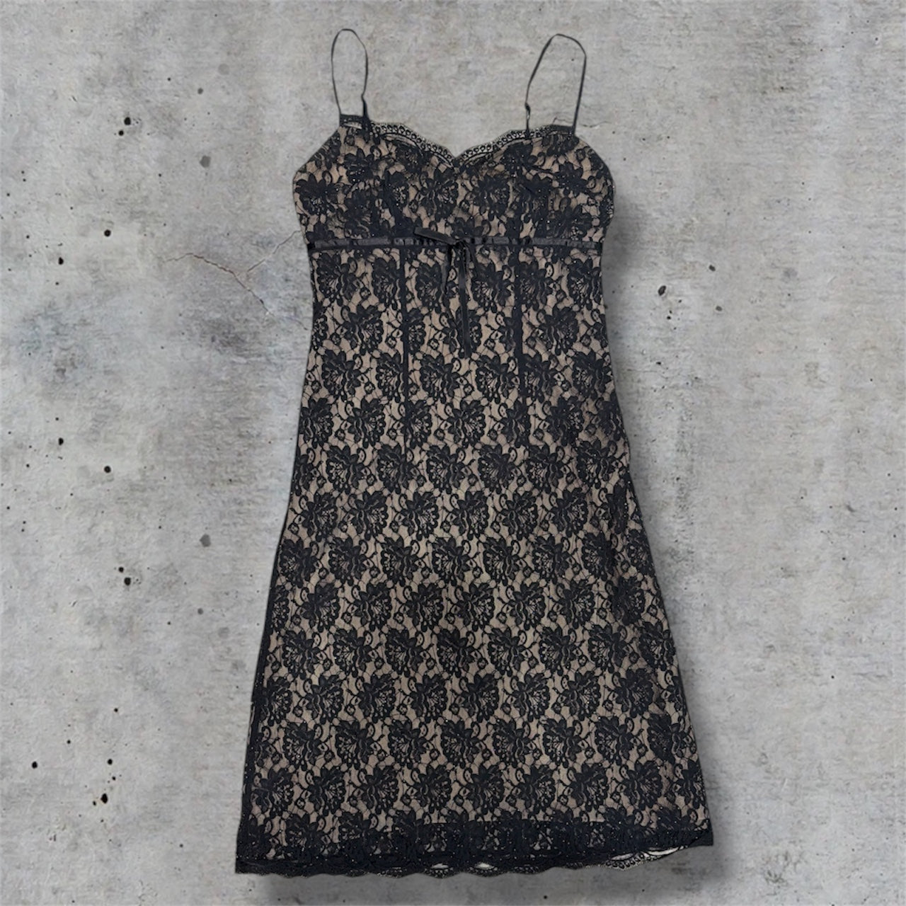 (S/M) vintage express floral lace silk bow tie black dress