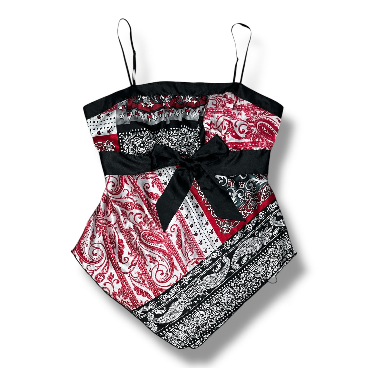 (XL) Vintage red & black asymmetrical paisley print top with silk black bow