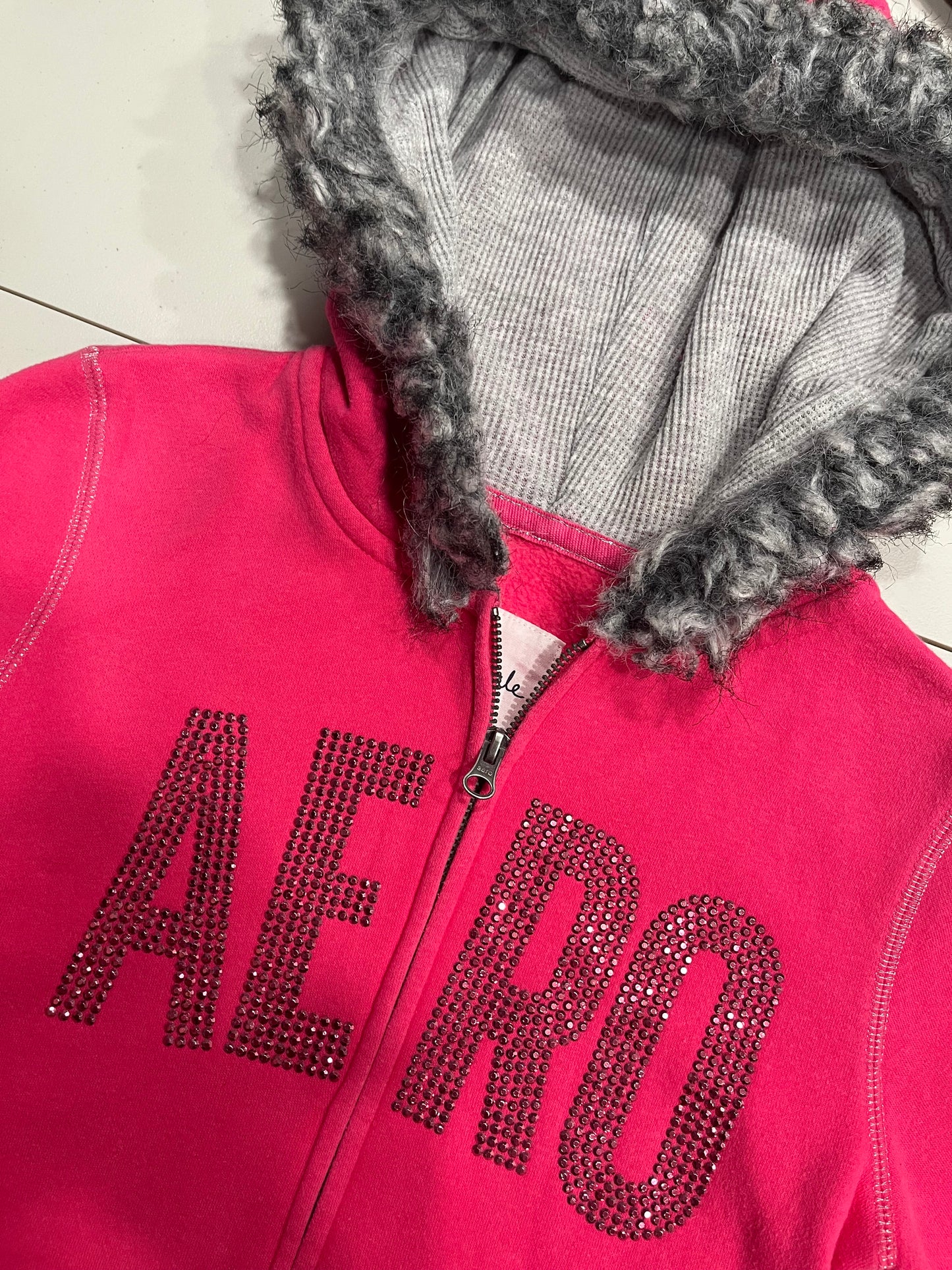 (S) 2000s Pink Bedazzled Mcbling Aeropostale Fur Hood Jacket