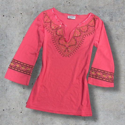 (S/M) 2000s pink sequin tunic top