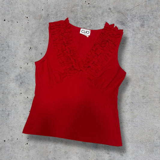 (S/M) vintage red clio ruffle top