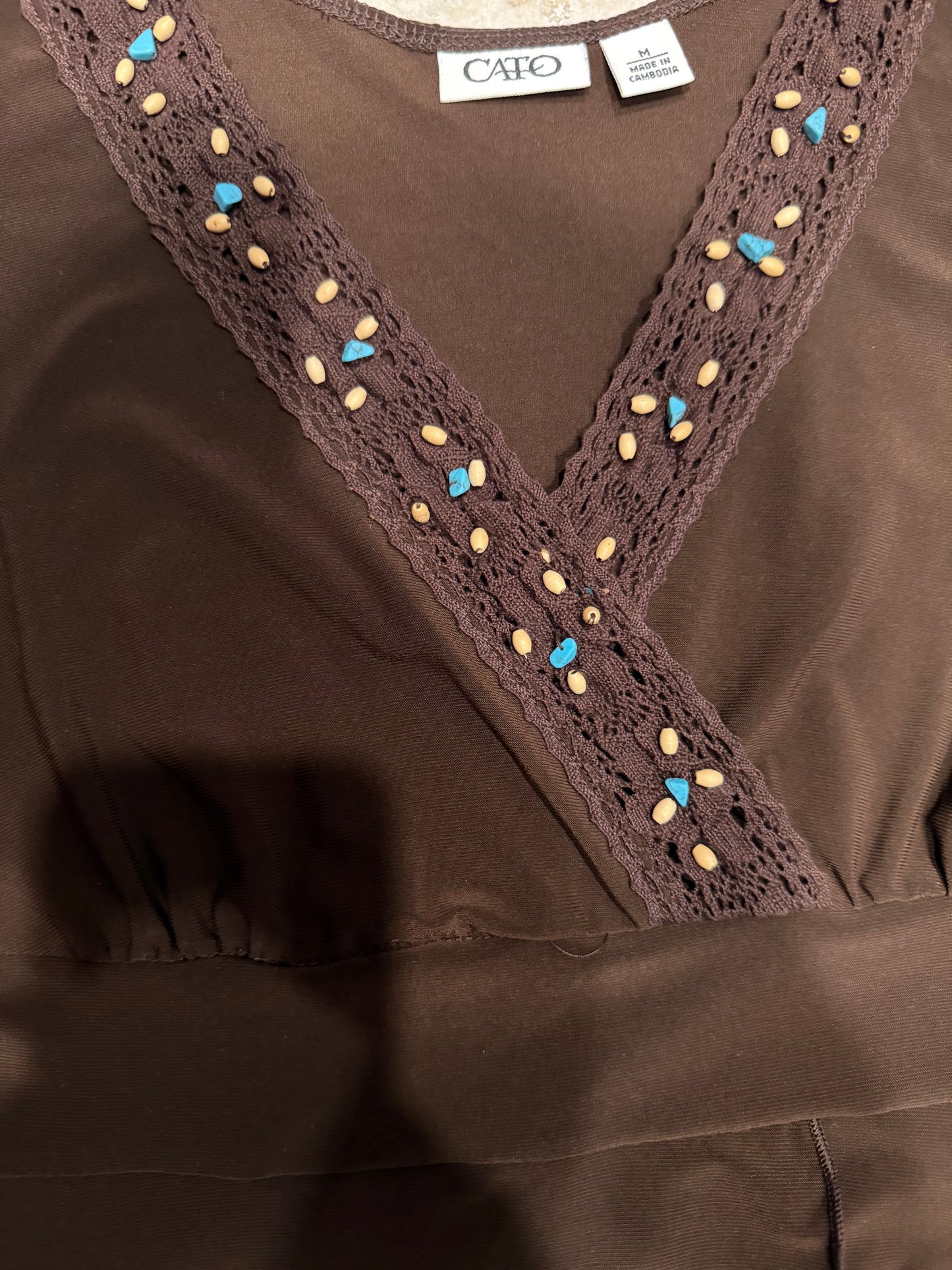 (M) vintage cato Brown asymmetrical beaded top