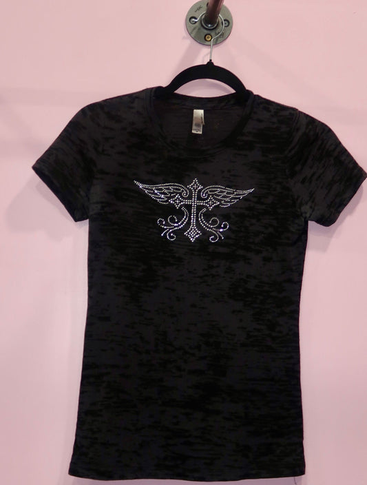 (S/M) y2k angel wing & cross rhinestoned top