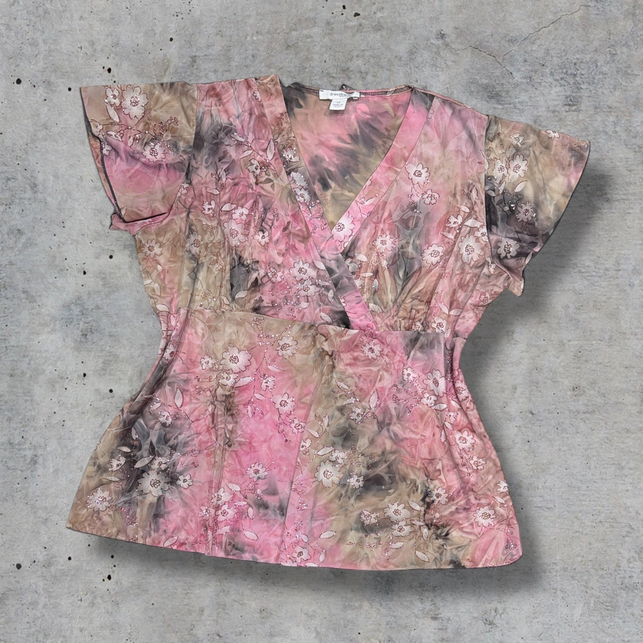 (XL) Y2K/vintage pink floral glitter top