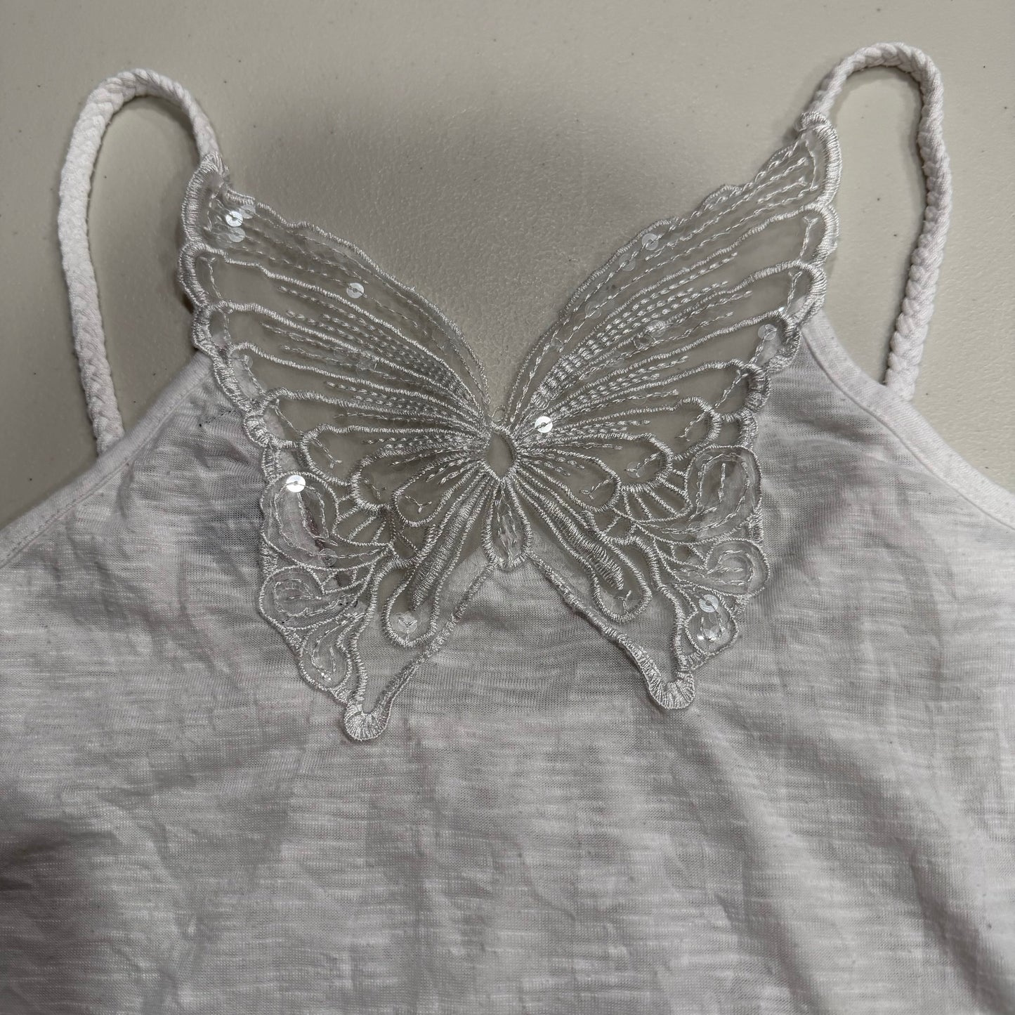 (M/L) 2000s Butterfly Sequin Mesh Detailed Top