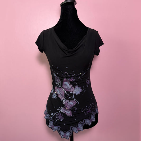 (S) Rare 2000s butterfly beaded sequin cowl neck top
