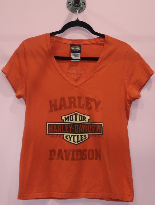 (L) Harley Davidson orange graphic top