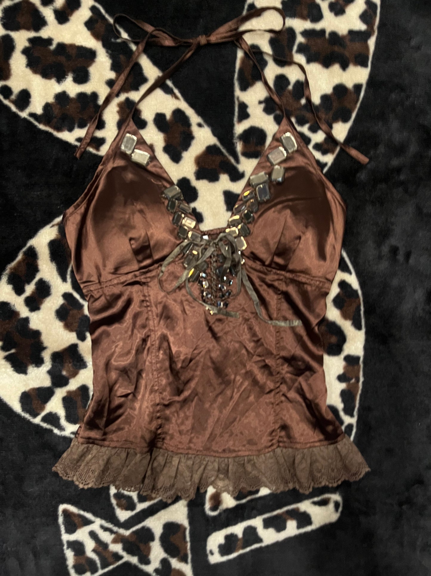 (M/L) vintage beaded lace trim halter top