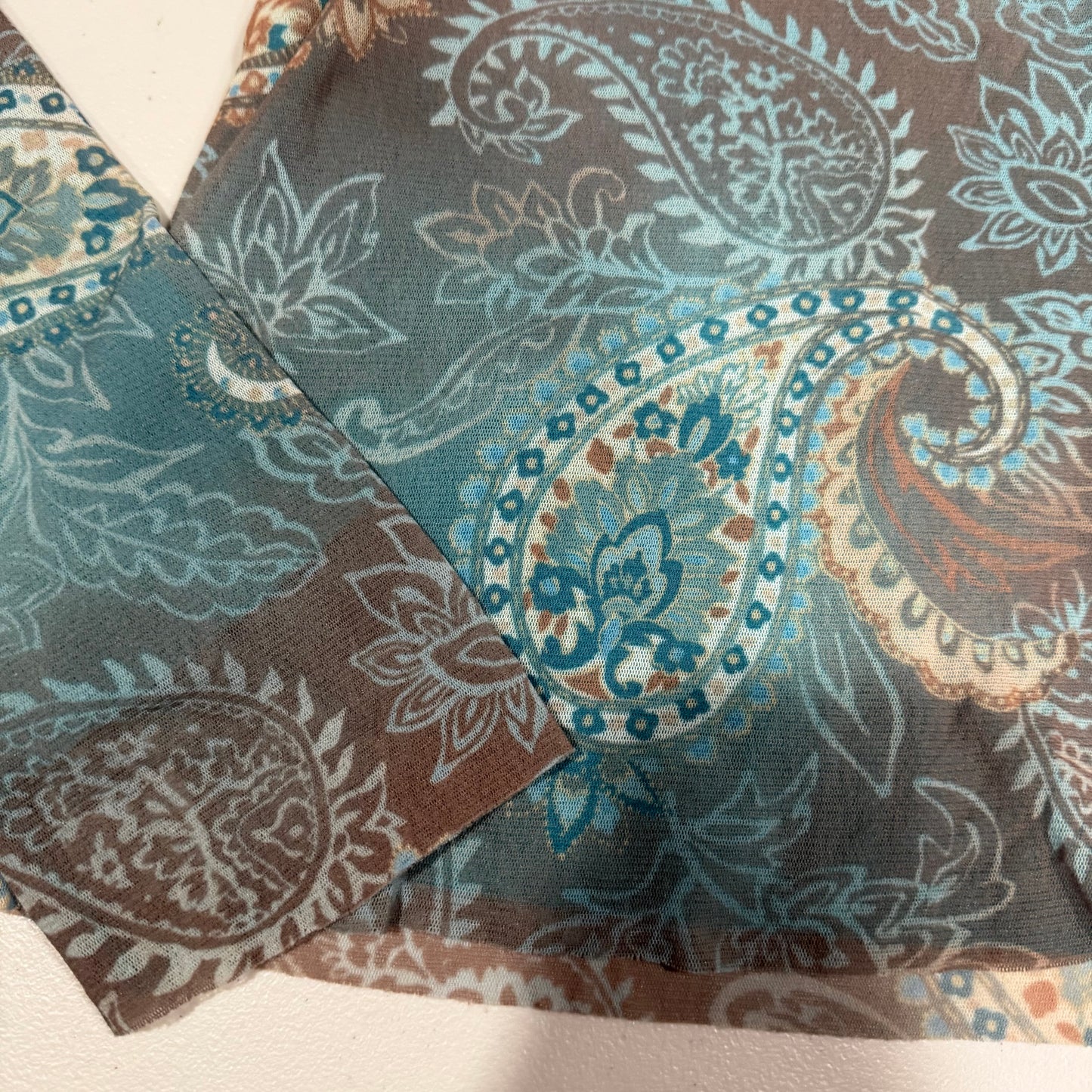 (M) vintage/y2k paisley print raw hem off the shoulder long sleeve top