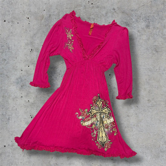 (S/M) Y2K pink mcbling cross with ruffle trim dress