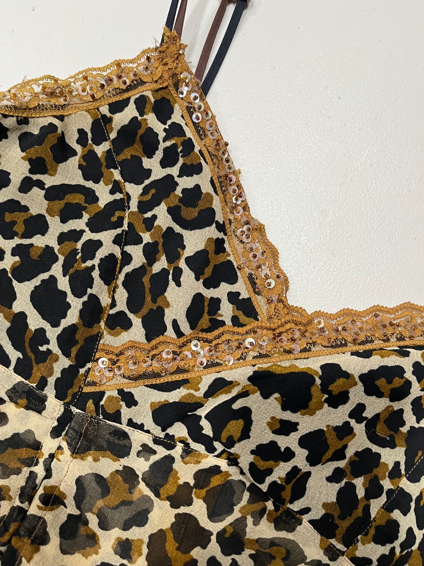 (M) Y2K Leopard Print Sequin Lace Trim Cami Tank